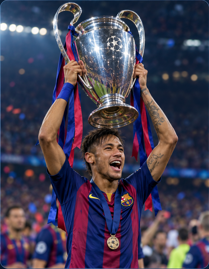 Illustration of Neymar in a Barcelona jersey lifting a Champions League trophy