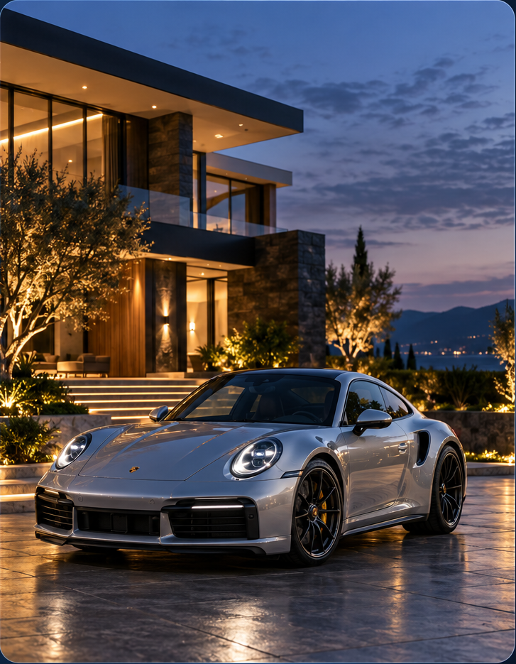Illustration of a silver Porsche outside a modern mansion at dusk